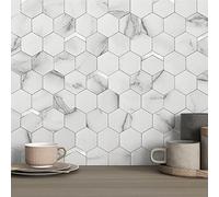 VAOVI Azulejo protector contra salpicaduras para cocina, paneles de pared hexagonales de mármol (blanco plateado, 10 unidades)
