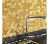 VAOVI Azulejos metálicos dorados para pegar en la cocina, adhesivos para azulejos 3D, azulejos de mosaico de metal, resistentes al calor, hexágonos (10 hojas)