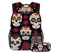 VAPOKF Day of The Dead Skulls Florals - Juego de mochila escolar para adolescentes, niñas, niños, estudiantes, mochila con estuche para lápices para primaria, secundaria, secundaria y secundaria