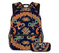 VAPOKF Dragones entrelazados en una mochila escolar circular para adolescentes, niñas, niños, mochila para estudiantes, mochila con estuche para lápices para primaria, secundaria, secundaria y