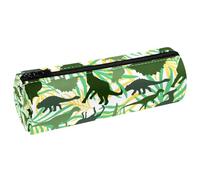 VAPOKF Estuche de piel con diseño de dinosaurio jurásico verde con hojas tropicales, estuche para lápices, monedero, bolsa de maquillaje para estudiantes, papelería, escuela, oficina, almacenamiento,