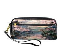 VAPOKF Estuche de poliuretano para lápices, bolsa de papelería para estudiantes con cremallera para niños y niñas, suministros escolares y de oficina, pintura al óleo, paisaje de lago cereza,