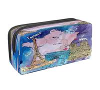 VAPOKF Estuche para lápices con cremallera para niños y niñas, suministros escolares y de oficina, álbum de recortes vintage con corazón de besos, Mapa de acuarela de Francia, 2.3x8.2x3.9in/6x21x10cm,