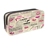 VAPOKF Estuche para lápices con cremallera para niños y niñas, suministros escolares y de oficina, álbum de recortes vintage con corazón de besos, Periódico vintage con lápiz labial,