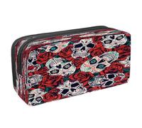 VAPOKF Estuche para lápices con cremallera para niños y niñas, suministros escolares y de oficina, diseño vintage de calaveras de gángster, Día de los Muertos Sugar Skulls Red Rose,