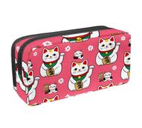 VAPOKF Estuche para lápices con cremallera para niños y niñas, suministros escolares y de oficina, diseño de gatos Maneki Neko, cerezas y flores