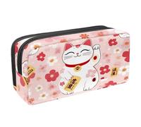 VAPOKF Estuche para lápices con cremallera para niños y niñas, suministros escolares y de oficina, diseño de gato Maneki Neko, flores de cerezo