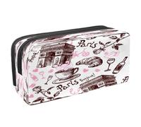 VAPOKF Estuche para lápices con cremallera para niños y niñas, suministros escolares y de oficina, diseño retro de la torre de París y el río Sena, Romántico Paris con croissant de café rosa,