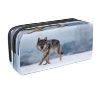 VAPOKF Estuche para lápices con cremallera para niños y niñas, suministros escolares y de oficina, fútbol volando a través de las grietas de la pared, Lobo caminando en la nieve,