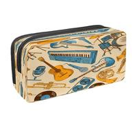 VAPOKF Estuche para lápices con cremallera para niños y niñas, suministros escolares y de oficina, notas musicales coloridas y claves, Instrumentos musicales de dibujos animados, 2.3x8.2x3.9in