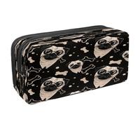 VAPOKF Estuche para lápices con cremallera para niños y niñas, suministros escolares y de oficina, retrato de cachorro blanco maltés, Pug en vasos negros con hueso, 2.3x8.2x3.9in/6x21x10cm, Estuche