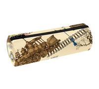 VAPOKF Estuche vintage de piel sintética con diseño de tren en la ciudad, organizador de artículos de papelería para estudiantes, bolsa de maquillaje para mujeres, niñas, niños, suministros escolares