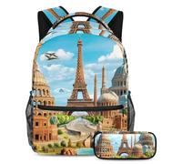 VAPOKF Europe Travel - Juego de mochila escolar de arquitectura para adolescentes, niñas, niños, estudiantes, mochila con estuche para lápices para primaria, secundaria, secundaria y secundaria