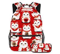 VAPOKF Fortune Cats on Red - Juego de mochila escolar para adolescentes, niñas, niños, estudiantes, mochila con estuche para lápices para primaria, secundaria, secundaria y secundaria
