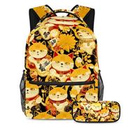 VAPOKF Golden Lucky Cats - Juego de mochila escolar para adolescentes, niñas, niños, mochila para estudiantes con estuche para lápices para primaria, secundaria, secundaria y secundaria