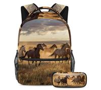 VAPOKF Horses Galloping on The Prairie - Juego de mochila escolar para adolescentes, niñas, niños, mochila para estudiantes, mochila con estuche para lápices para primaria, secundaria, secundaria y