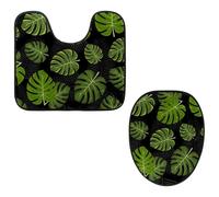 VAPOKF Juego de 2 alfombras de baño con pedestal, alfombrilla de contorno en forma de U y cubierta de tapa de inodoro, funda de asiento de inodoro de franela suave antideslizante, hoja negra tropical