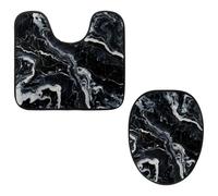 VAPOKF Juego de 2 alfombras de baño con pedestal, alfombrilla de contorno en forma de U y cubierta de tapa de inodoro, funda de asiento de inodoro de franela suave antideslizante, textura morble negra