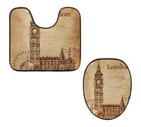 VAPOKF Juego de 2 alfombras de baño con pedestal, alfombrilla de contorno en forma de U y cubierta de tapa de inodoro, funda de asiento de inodoro de franela suave antideslizante, diseño retro de