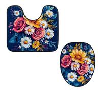 VAPOKF Juego de 2 alfombras de baño con pedestal, alfombrilla de contorno en forma de U y cubierta de tapa de inodoro, funda de asiento de baño de franela suave antideslizante, ramo de rosas y
