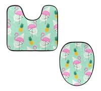 VAPOKF Juego de 2 alfombras de baño con pedestal, alfombrilla de contorno en forma de U y cubierta de tapa de inodoro, funda de asiento de inodoro de franela suave antideslizante, flamenco con piña