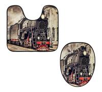 VAPOKF Juego de 2 alfombras de baño con pedestal, alfombrilla de contorno en forma de U y cubierta de tapa de inodoro, funda de asiento de inodoro de franela suave antideslizante, diseño retro de tren