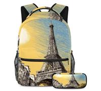 VAPOKF Juego de mochila escolar de arquitectura de la Torre Eiffer para adolescentes, niñas, niños, estudiantes, mochila con estuche para lápices para primaria, secundaria, secundaria y secundaria