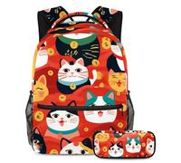 VAPOKF Juego de mochila escolar de dibujos animados Maneki Neko Cats para adolescentes, niñas, niños, mochila para estudiantes, mochila con estuche para lápices para primaria, secundaria, secundaria y