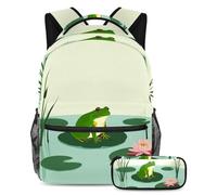 VAPOKF Juego de mochila escolar Frog on Lily Pond para adolescentes, niñas y niños, mochila para estudiantes, mochila con estuche para lápices para primaria, secundaria, secundaria y secundaria