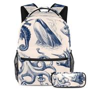 VAPOKF Juego de mochila escolar gigante con diseño de caballito de mar y ballena para adolescentes, niñas y niños, mochila para estudiantes, mochila con estuche para lápices para primaria, secundaria