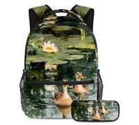 VAPOKF Juego de mochila escolar Indian Runner Ducks on Lotus Pond para adolescentes, niñas, niños, mochila para estudiantes, mochila con estuche para lápices para primaria, secundaria, secundaria y