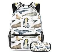 VAPOKF Juego de mochila escolar para adolescentes y niños, mochila con estuche para lápices para la escuela, animales antárticos, pingüino, foca, ballena, pájaro, multicolor, Talla única, Juegos de