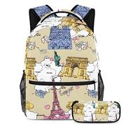 VAPOKF Juego de mochila escolar para adolescentes y niños, mochila con estuche para lápices para la escuela, mapa de Francia y arquitectura, multicolor, Talla única, Juegos de mochilas escolares