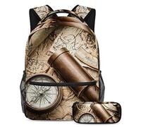 VAPOKF Juego de mochila escolar para adolescentes y niños, mochila con estuche para lápices para la escuela, brújula retro y telescopio en el mapa, multicolor, Talla única, Juegos de mochilas