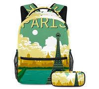 VAPOKF Juego de mochila escolar para adolescentes y niños, mochila con estuche para lápices para la escuela, Francia, París, Torre Eiffel, puesta de sol, río, multicolor, Talla única, Juegos de