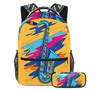 VAPOKF Juego de mochila escolar para adolescentes y niños, mochila con estuche para lápices para la escuela, saxofón, multicolor, Talla única, Juegos de mochilas escolares