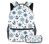 VAPOKF Juego de mochila escolar para adolescentes y niños, mochila para estudiantes con estuche para lápices para la escuela, brújula de ancla azul, multicolor, Talla única, Juegos de mochilas