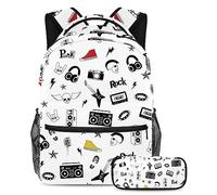 VAPOKF Juego de mochila escolar para adolescentes y niños, mochila para estudiantes con estuche para lápices para la escuela - Rock Punk Radio Guitarra Doodles, multicolor, Talla única, Juegos de