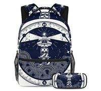 VAPOKF Juego de mochila escolar para adolescentes y niños, mochila para estudiantes con estuche para lápices para la escuela, faro sobre brújula en clima tormentoso, multicolor, Talla única, Juegos de