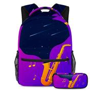 VAPOKF Juego de mochila escolar para adolescentes y niños, mochila para estudiantes con estuche para lápices para la escuela, estrellas espaciales flotando de un saxofón dorado, multicolor, Talla