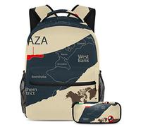 VAPOKF Juego de mochila escolar para adolescentes y niños, mochila para estudiantes con estuche para lápices para la escuela, mapa de Israel y ubicación del país de la Franja de Gaza, multicolor,