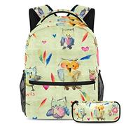 VAPOKF Juego de mochila escolar para adolescentes y niños, mochila para estudiantes con estuche para lápices para la escuela, acuarela lindos búhos, multicolor, Talla única, Juegos de mochilas