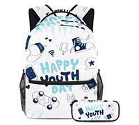 VAPOKF Juego de mochila escolar para adolescentes y niños, mochila para estudiantes con estuche para lápices para la escuela, dibujada a mano para el día de la juventud, multicolor, Talla única,