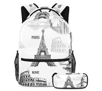 VAPOKF Juego de mochila escolar para adolescentes y niños, mochila para estudiantes con estuche para lápices para la escuela, arquitectura de ciudad famosa europea, multicolor, Talla única, Juegos de