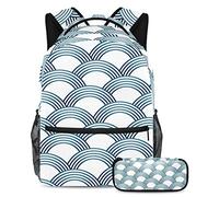 VAPOKF Juego de mochila escolar para adolescentes y niños, mochila para estudiantes con estuche para lápices para la escuela, escamas Sashiko, blanco y azul, multicolor, Talla única, Juegos de