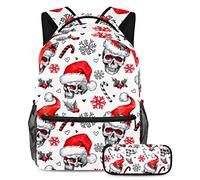 VAPOKF Juego de mochila escolar para adolescentes y niños, mochila para estudiantes con estuche para lápices para la escuela, gorro de Navidad con calaveras con copo de humo, multicolor, Talla única,