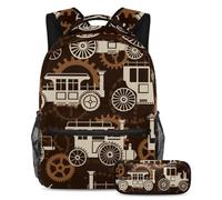 VAPOKF Juego de mochila escolar retro Steampunk Cars para adolescentes, niñas, niños, mochila para estudiantes, mochila con estuche para lápices para primaria, secundaria, escuela secundaria y