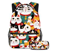 VAPOKF Lucky Cats - Juego de mochila escolar con diseño de gatos sin costuras para adolescentes, niñas y niños, mochila para estudiantes, mochila con estuche para lápices para primaria, secundaria