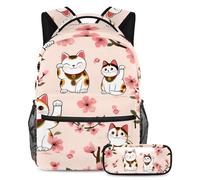 VAPOKF Maneki Neko Cats Blossom Cherry - Juego de mochila escolar para adolescentes, niñas, niños, estudiantes, mochila con estuche para lápices para primaria, secundaria, secundaria y secundaria