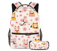 VAPOKF Maneki Neko Cats Cherry Florals - Juego de mochila escolar para adolescentes, niñas y niños, mochila para estudiantes, mochila con estuche para lápices para primaria, secundaria, secundaria y